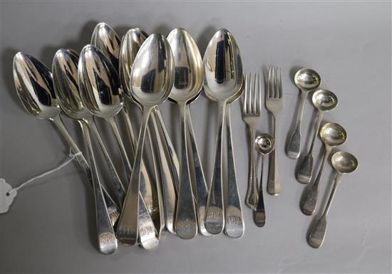 A set of ten George III Old English pattern silver tablespoons, three other spoons and sundry flatware, 29 oz.